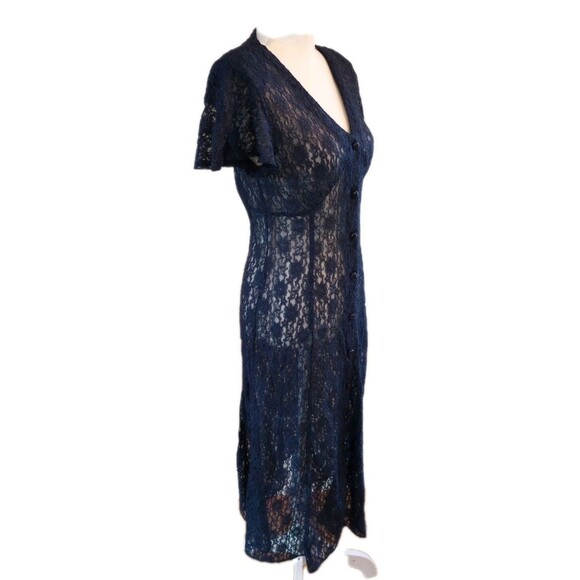 1990s Sheer Lace Dress Medium Navy Blue Button Up Fairy Whimsigoth Romantic - Picture 1 of 11